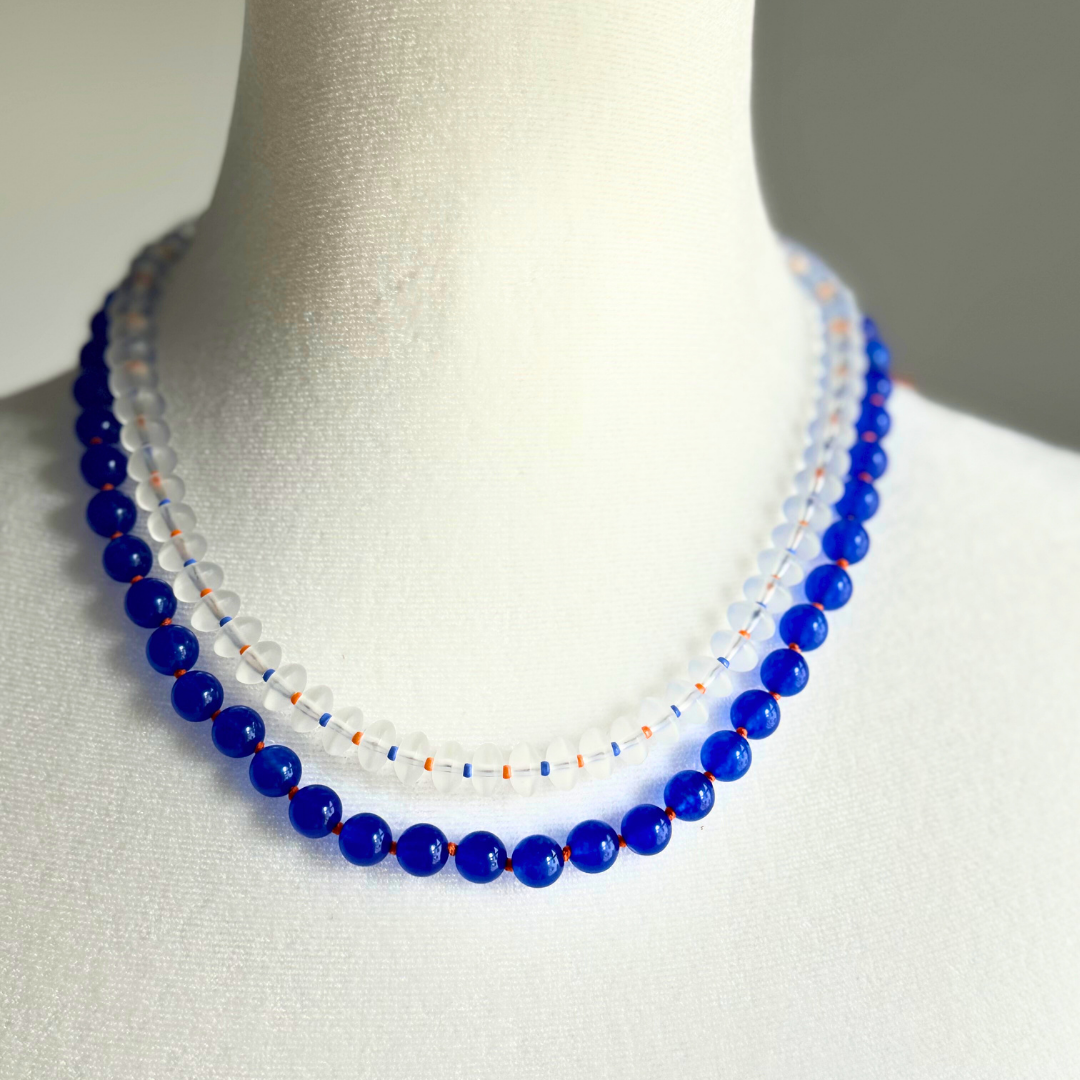 GAME DAY Blue Jade Round bead with Orange thread Necklace