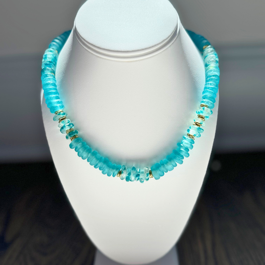 Bright Aqua Large Glass beads with Gold Spacer Neckalce