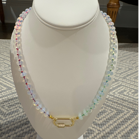 Opal Beads with Rainbow Knots and Gold Carabiner
