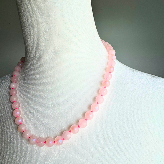 Iridescent White Moonstone Round Beads with Neon Pink Thread