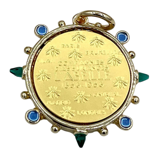 L'abielle Bee Coin Pendant with Bezel with Blue and Green CZs