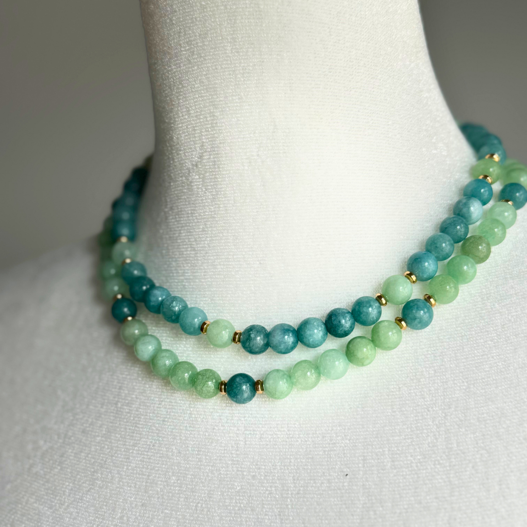 Double Loop Light Green and Teal Jade Round Bead Hand Knotted Necklace