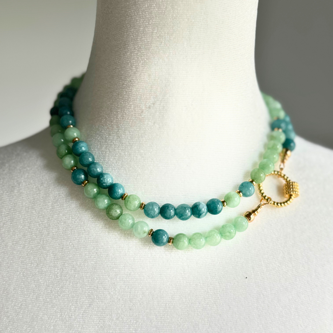 Double Loop Light Green and Teal Jade Round Bead Hand Knotted Necklace